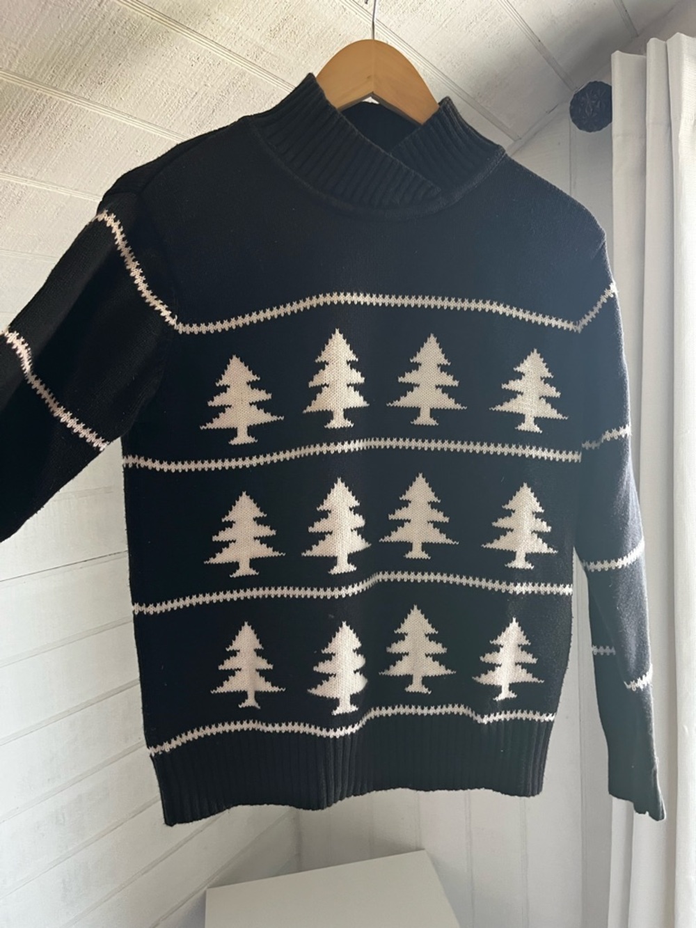 Talbots Black & White Tree Motif Turtleneck Sweater